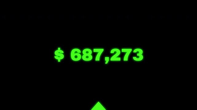 Green neon digital profit counter with fast incremental counting and clean typography on alpha channel background 4K resolution.