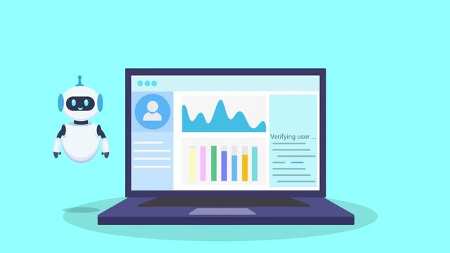 Animated video of a robot assistant beside a laptop displaying a data dashboard with charts and graphs, representing automation, analytics, and digital business insights in a clean flat design style.