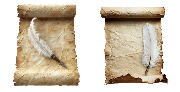 Aged parchment scrolls with feather quills for writing, transparent isolated