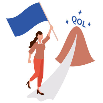 QOL（生活の質）向上という目標の頂へ向かって旗を掲げ進む女性のアイソメトリックイラスト