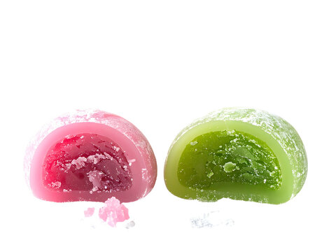 Two halves of colorful, powdery confections, one pink, one green