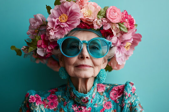 Elegant elderly woman wearing oversized blue sunglasses and a floral hat in a stylish portrait.
