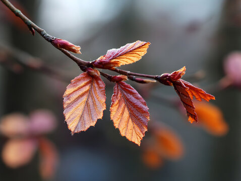 Copper beech tree leaves emerging in spring sunlight