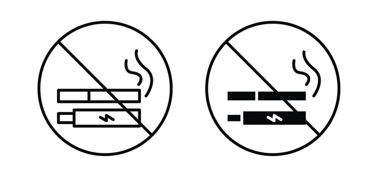 No smoking including electronic cigarettes signs. black and white line icons pack.