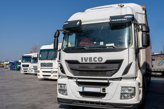 Belgrade, Serbia - March 15, 2026: Iveco semi truck parked in a row of freight vehicles at a logistics terminal