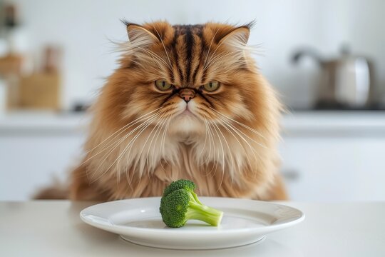 Humorous close-up of a grumpy Persian cat staring at a single piece of broccoli on a white plate with a disgusted expression.