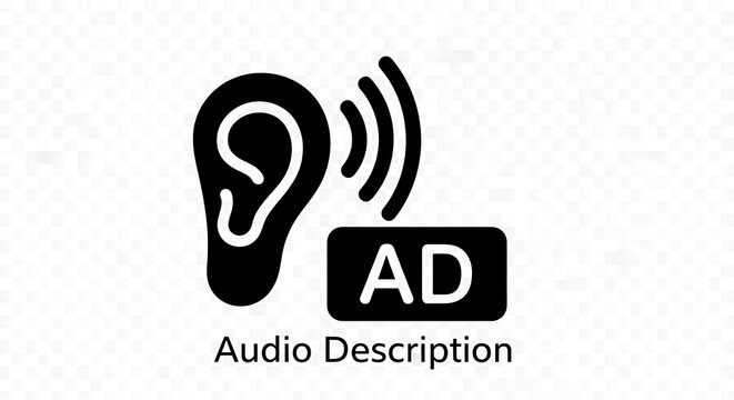 A black and white icon representing audio description with an ear and the letters AD