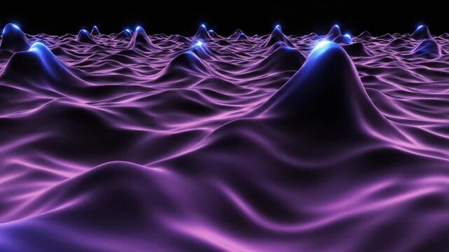 Abstract purple landscape with flowing, rippling forms and glowing points in a dark setting