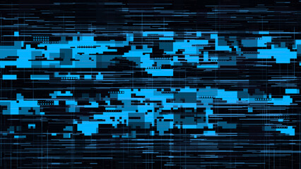 Abstract cyan blue glitch background vector with layered scanlines, blocky pixel artifacts, and electronic noise on black, created for technology promos, gamer visuals, social covers, and futuristic i © Imaster