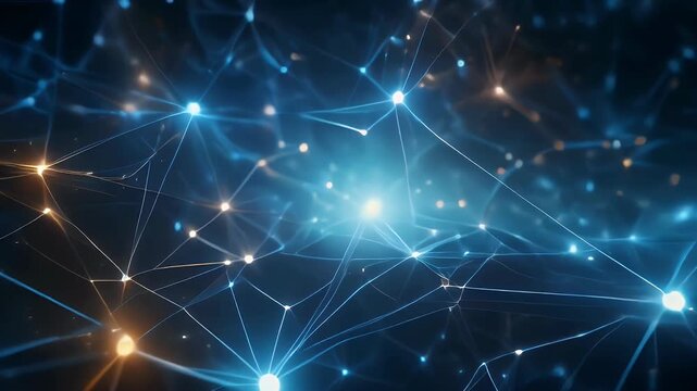 Abstract digital network of glowing blue and gold nodes connected by lines.
