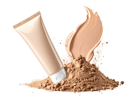 Foundation tube, powder mound, and creamy swash against a dark backdrop