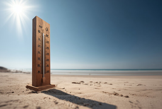 a wooden temperature gauge is placed on the sand of an empty beach, with a clear blue sky and sea in the background.