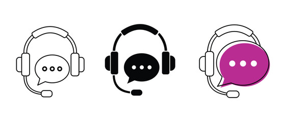 Fototapeta premium Customer support headset with chat bubble icon set in outline, solid, and color styles