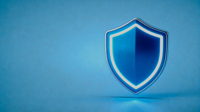Glowing shield icon on light blue, minimal cybersecurity protection concept