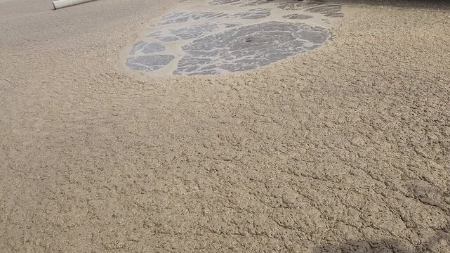 Gas bubbles and foam on the surface of the aeration process ponds in a wastewater treatment plant