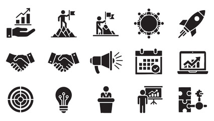 Obraz premium Business Strategy and Corporate Growth Icon Set for Startup Planning, Marketing, and Leadership Achievement Design