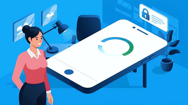 Woman Using Smartphone App Interface In Blue Office Background Isometric Footage