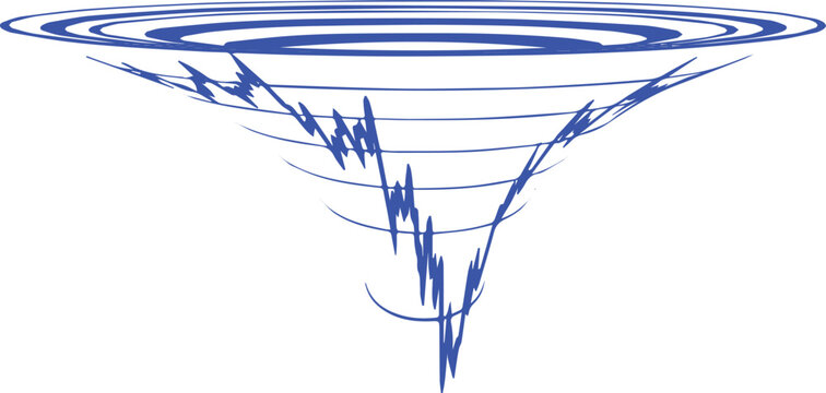 Abstract blue vortex funnel vector, swirling spiral motion graphic, dynamic whirlpool line art, conceptual data sink or energy portal