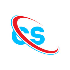 Obraz premium Minimalist CS monogram featuring bold blue typography combined with dynamic red and light blue curved lines on white background perfect for modern business branding and software company identity