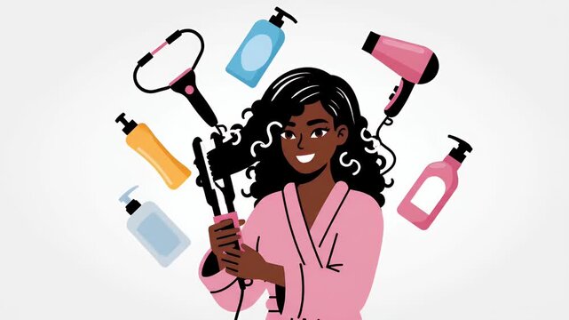 Woman With Braids Using Hair Straightener and Dryers Pink Robe