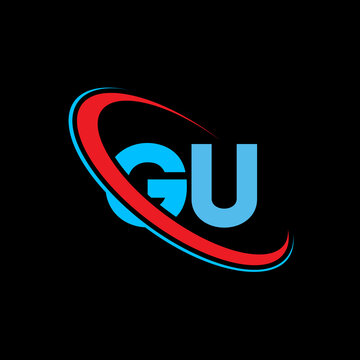 Creative GU letter combination featuring circular arc design. Professional vector logotype suitable for digital platforms or sports branding with bold colors and sleek motion aesthetics.
