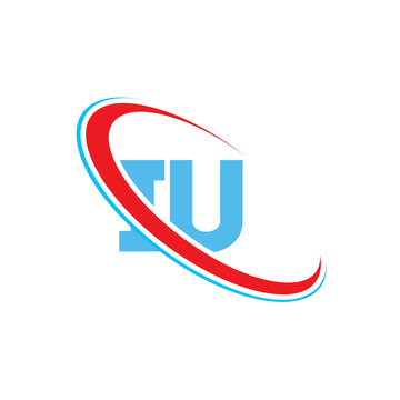 Iu logo design. Light blue iu letters. Red blue oval shape. Simple graphic design. Clean vector illustration.