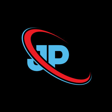 Contemporary jp letter logo design for premium brand identity. Vibrant blue characters combined with flowing red and blue swoosh lines. Professional vector emblem for creative startup companies.