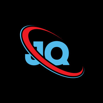 Minimalist jq letter logo design featuring blue typography combined with vibrant red and cyan orbital swoosh elements created on professional black background for corporate branding identity uses