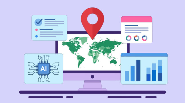 A computer displays a world map with various data charts and AI graphics floating around it on a purple background.