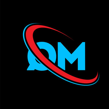 Professional qm letter logo design featuring vibrant blue typography and dynamic red circular swoosh on black background perfect for corporate branding and modern startup visual identity concepts