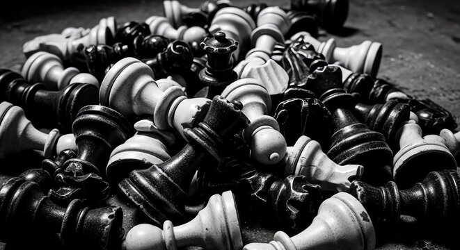 Chess pieces pile black and white game strategy