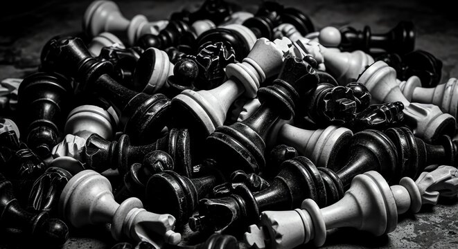 Chess pieces pile black and white monochrome