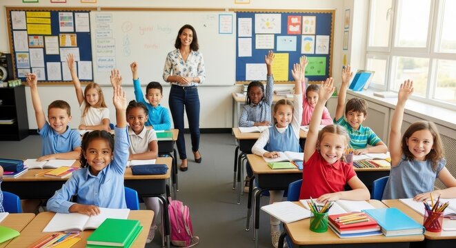 a diverse group of children sitting at desks in a classroom with a teacher standing in the back smil