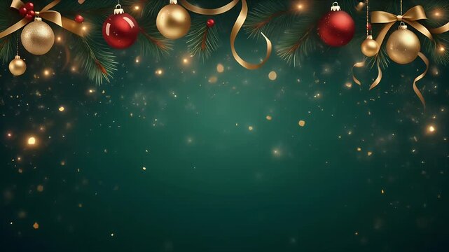 Christmas ornaments hanging on garland with golden ribbons and sparkling lights in dark festive setting
