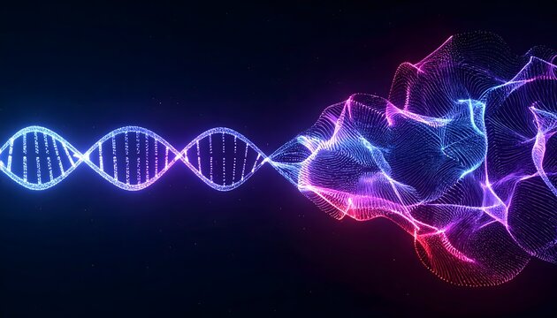 abstract conceptual visualization of genetic data flow, showing a dna strand unraveling into glowing purple and blue digital particles