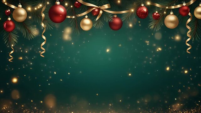 Christmas ornaments hanging on garland with gold ribbons and sparkling lights in dark festive background