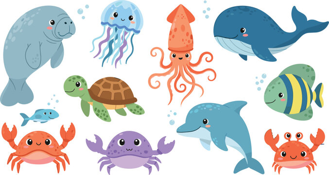 Large Collection of Stylized Sea Life Vector Illustrations Featuring Manatee Whale Dolphin Turtle Jellyfish Squid and Crabs for Childrens Playful Marine Education