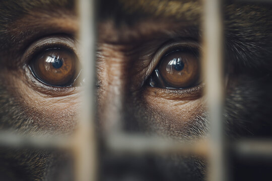 Close Up of Monkey Eyes Behind Cage Bars Representing Emotional Concept of Captivity and Sadness