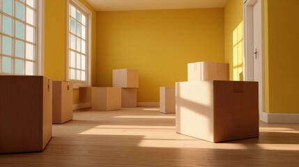 Relocation scene: empty interior with a bold yellow wall and packing cartons