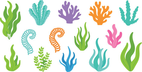 Large Collection of Stylized Underwater Coral Reef and Seaweed Vector Illustrations Featuring Vibrant Kelp Plants and Marine Vegetation for Coastal Scene Building © Fahim