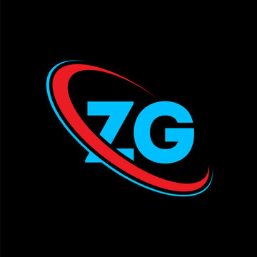 Professional zg letter logo design using heavy blue sans serif font enclosed by stylized red and cyan swoosh paths creating motion and connectivity for contemporary business branding