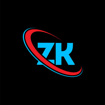 Professional zk letter logo featuring dynamic circular swoosh lines in red and blue. Modern monogram design suitable for business identity and tech companies on solid black background backdrop.