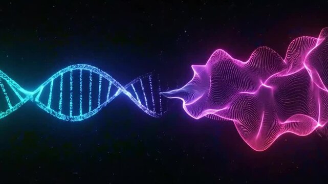 color shifting animation of a dna double helix unraveling into a digital data wave, concept of evolutionary bioinformatics and digital biology