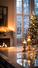 Obraz premium Cozy living room interior with lit candles and christmas tree in background during holiday season with warm lighting