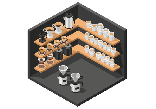 Isometric coffee brewing station with multiple pour-over brewers and cups displayed on shelves