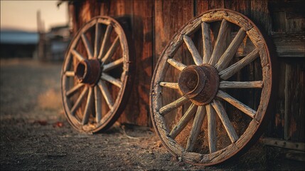 Obraz premium Rusty wagon wheels resting against a weathered barn wall in a rural setting