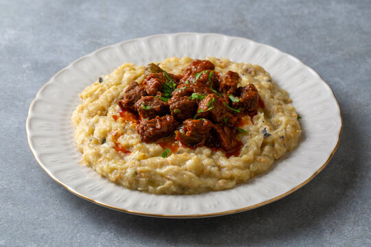 Turkish Food Hunkar Begendi made with Eggplant and Meat.