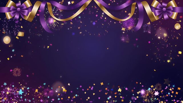 Elegant Golden and Purple Decorative Garland with Sparkling Lights on Dark Background