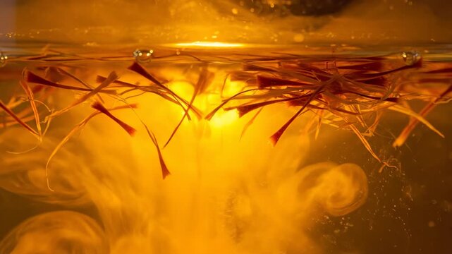 Close-up of Vibrant Red Saffron Threads Steeping in Warm, Golden Liquid, Creating a Beautiful Swirling Pattern.