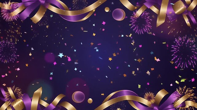Colorful Celebration Ribbons and Stars on Dark Cosmic Background with Sparkles